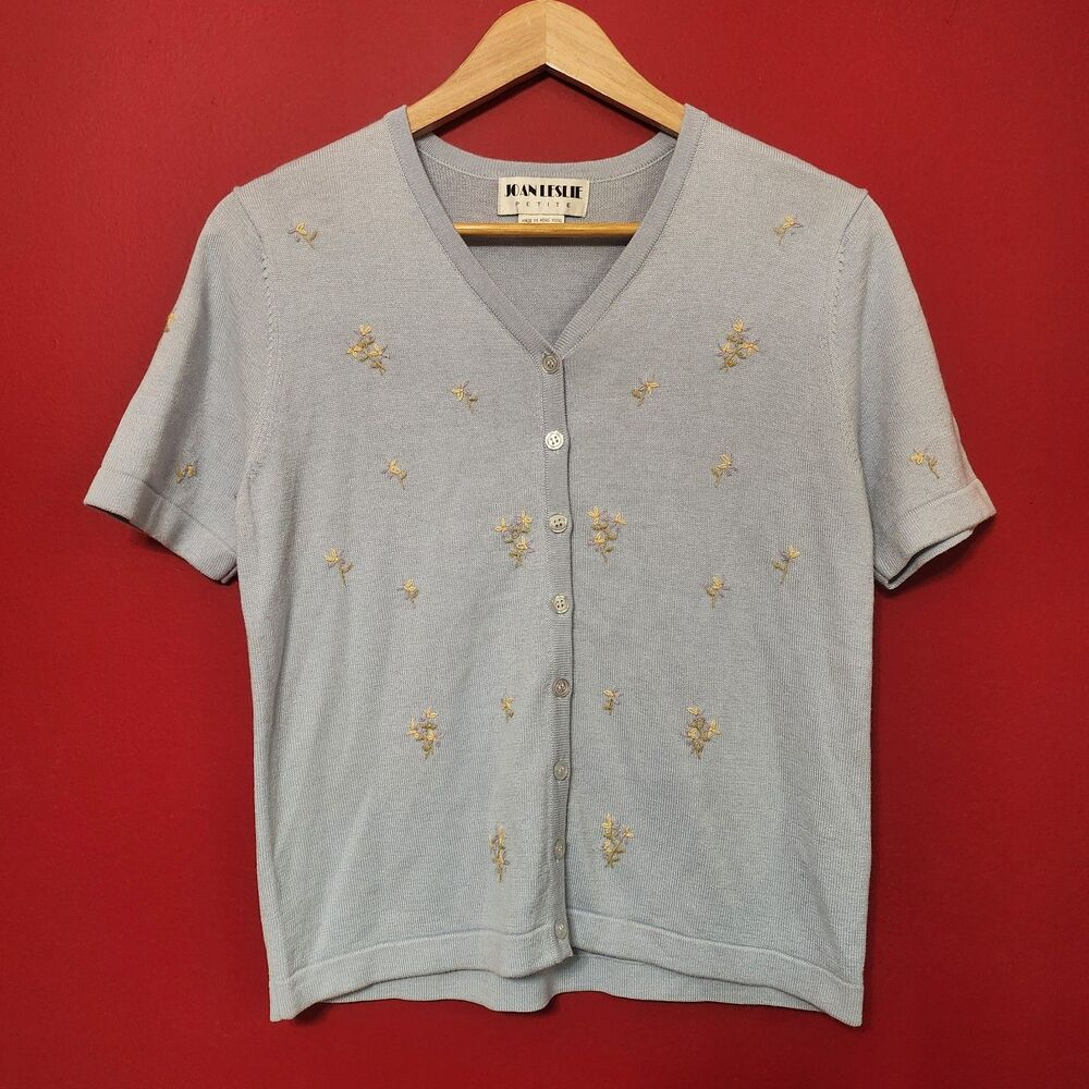 Pastel Blue Floral Embroidered Short Sleeve Knit Cardigan Size Small
